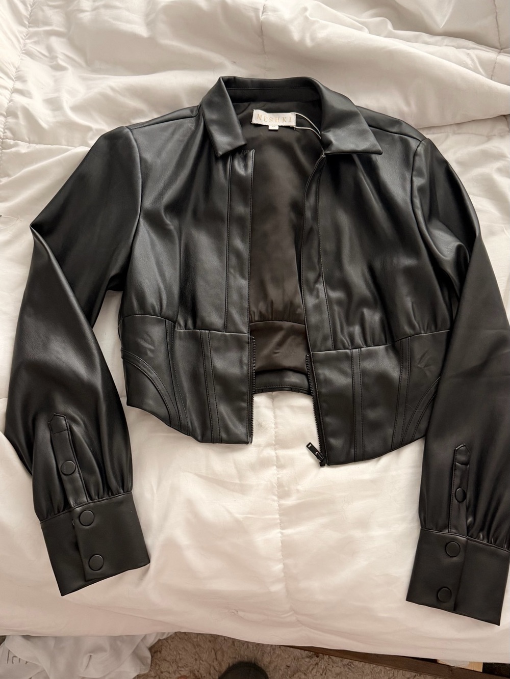 Meshki Black Cropped Faux Leather Jacket